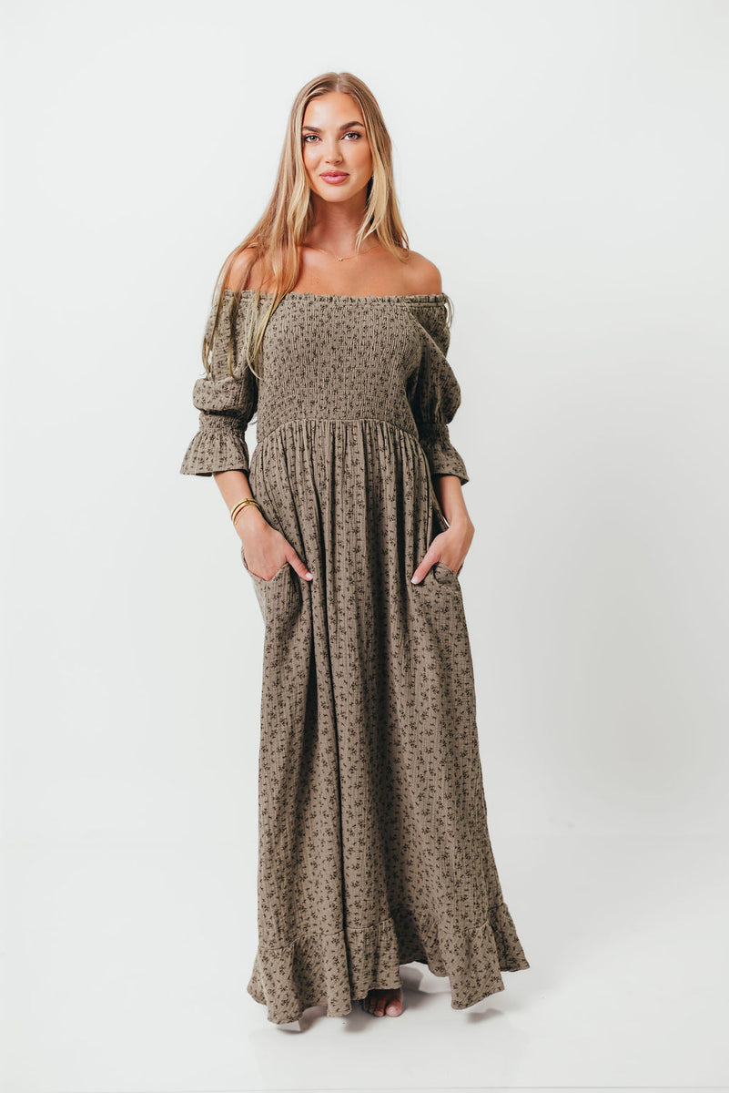 Sienna 100% Cotton Puff Sleeve Maxi Dress in Olive Foliage - Bump Frie