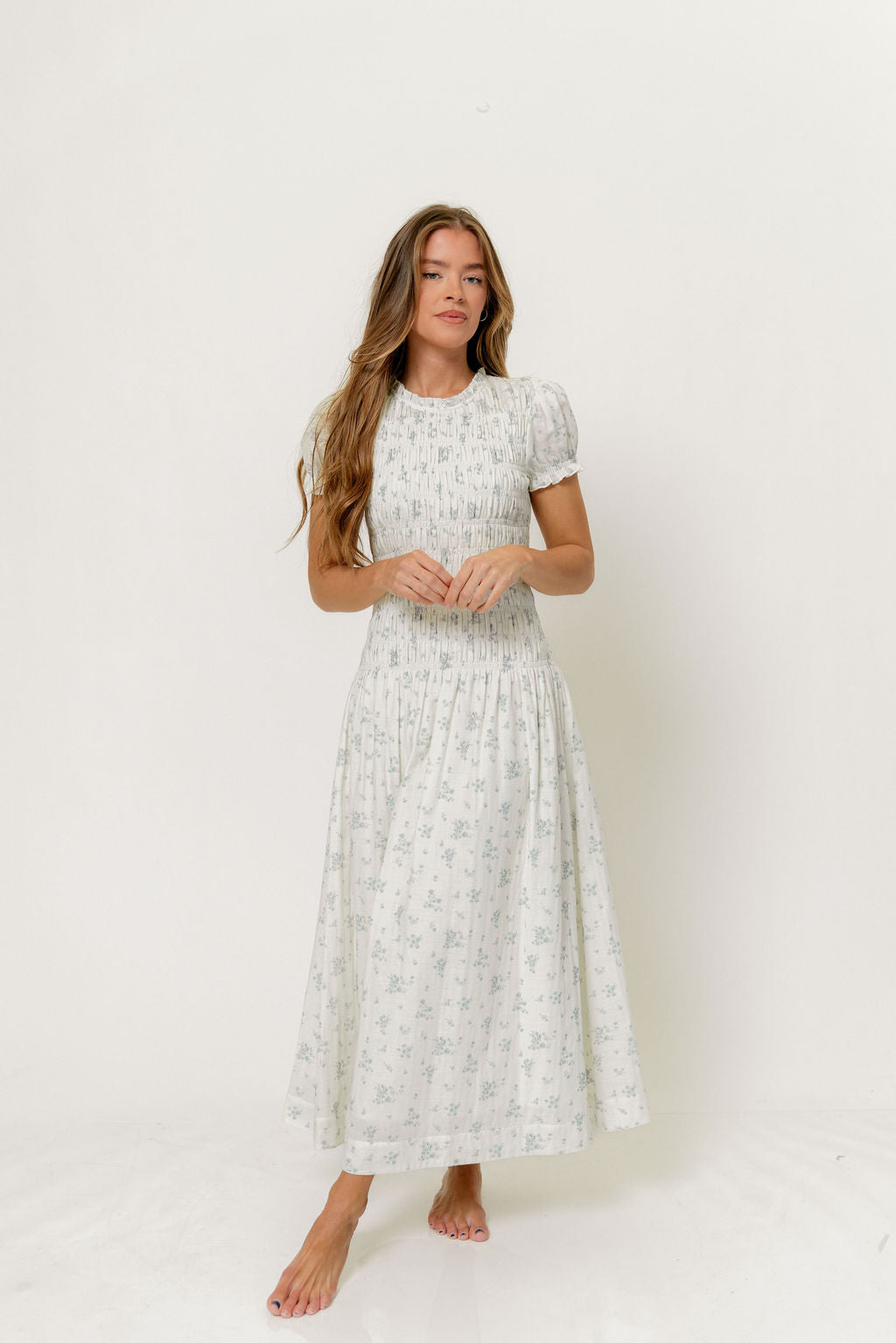 Orchard 100% Cotton Smocked Maxi Dress in Off White/Blue - Bump Friendly X-Large Orchard 100% Cotton Smocked Maxi Dress in Off White/Blue - Bump Friendly X-Large