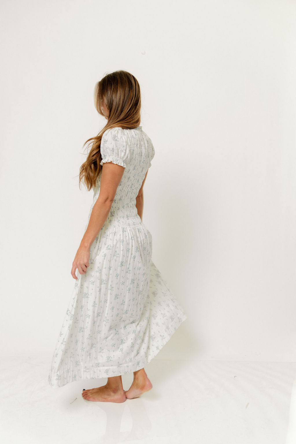 white smocked maxi dress Orchard 100% Cotton Smocked Maxi Dress in Off White/Blue