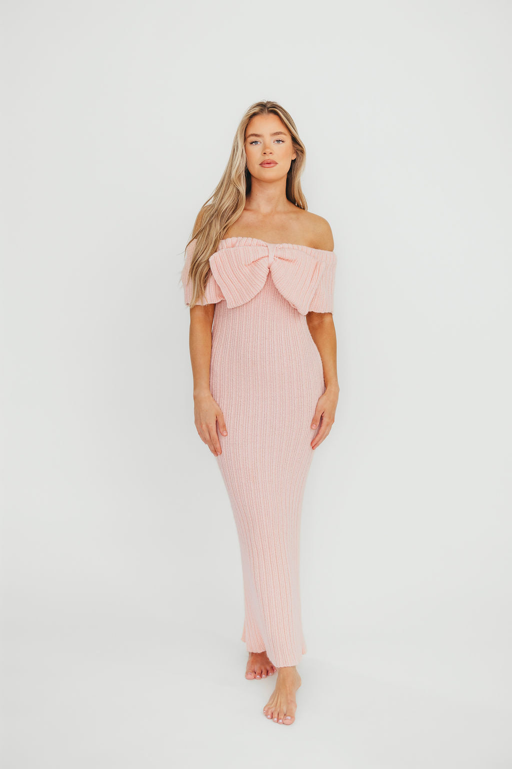 Aston Bow Front Maxi Sweater Dress in Pinkish Petal – Bump