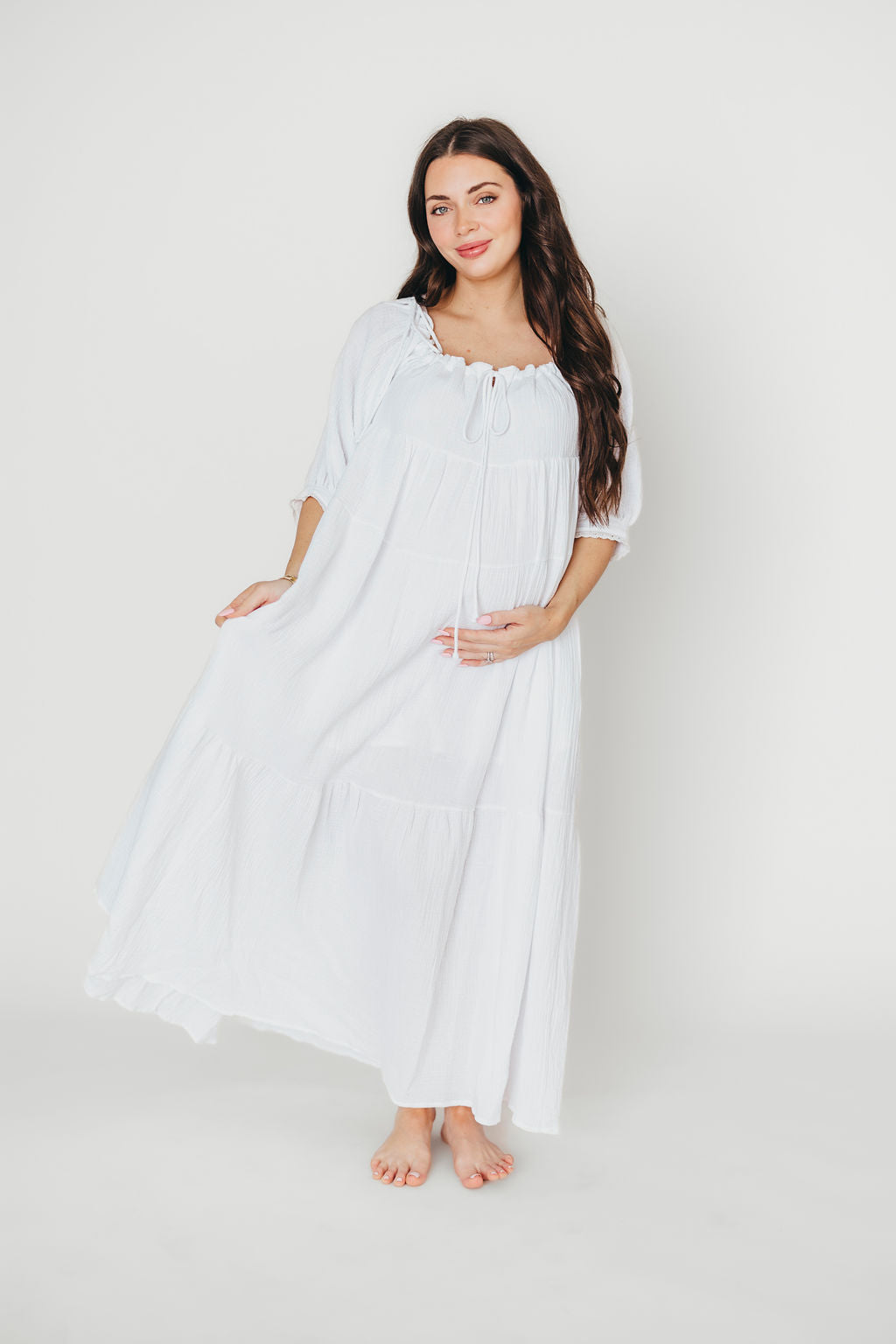 Goddess 100% Cotton Babydoll Maxi Dress in White - Bump Friendly