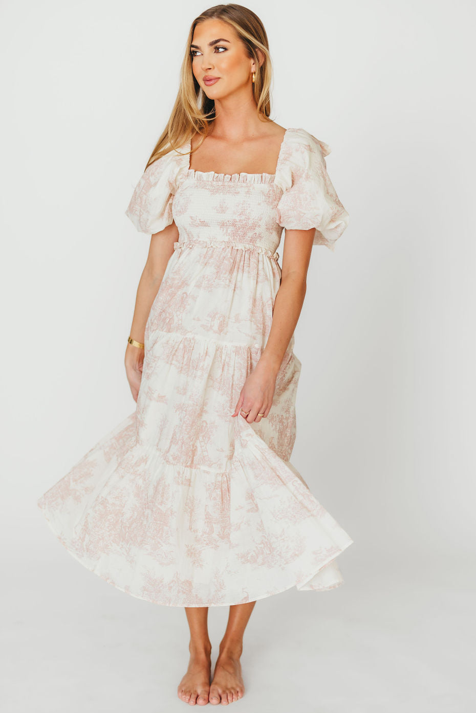 Lila Floral Printed Smocked Midi Dress in Pink - Bump Friendly *Final-Sale*