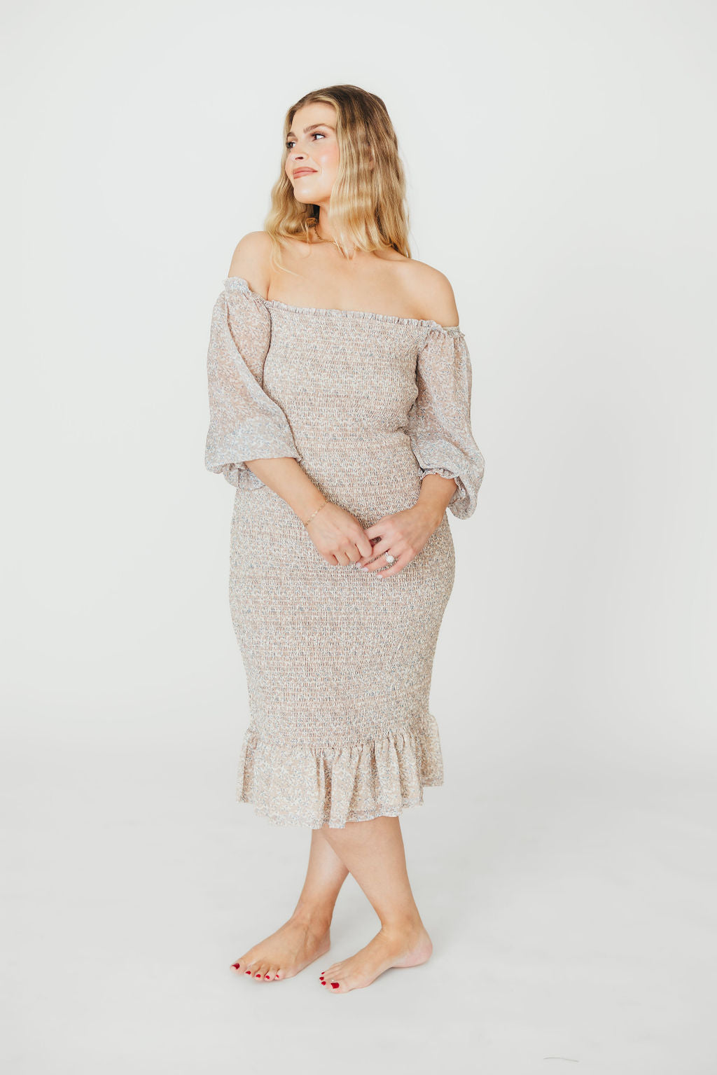 Cameron Stretchy Midi Dress with Ruffles in Beige/Blue
