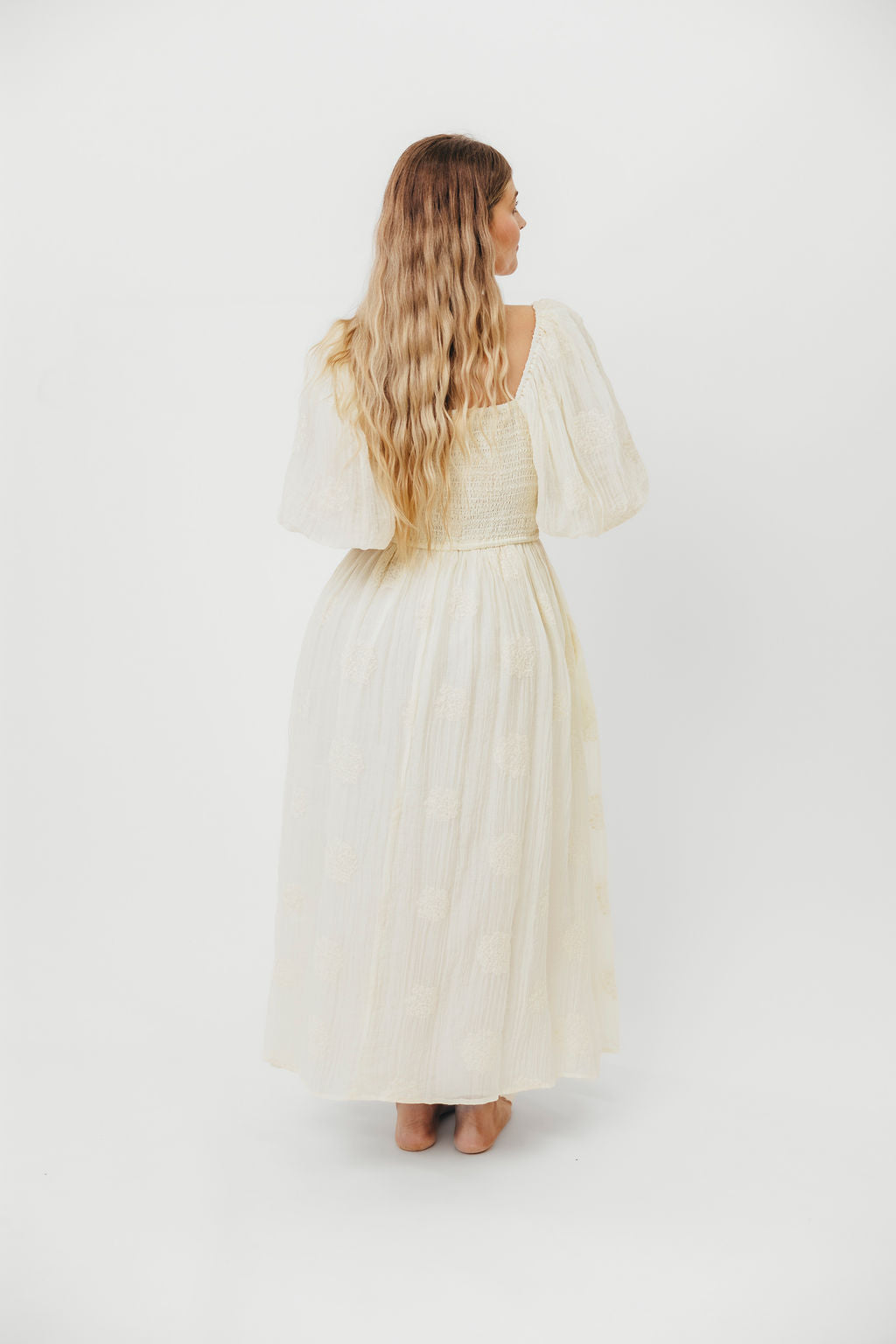 Aimee Smocked Embroidered Floral Midi Dress in Ivory – Worth