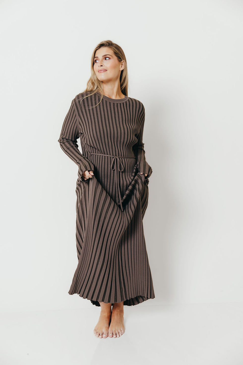 Colette Premium Long Sleeved Ribbed Knit Maxi Dress in Stone - Bump Friendly *Final Sale*