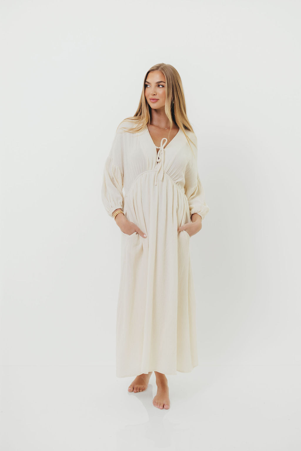 Hunter 100% Cotton Gauze Midi Dress in Soy