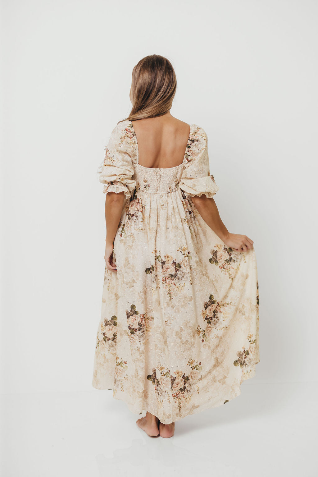 Mona Maxi Dress with Smocking in Cream/Beige Floral - Bump
