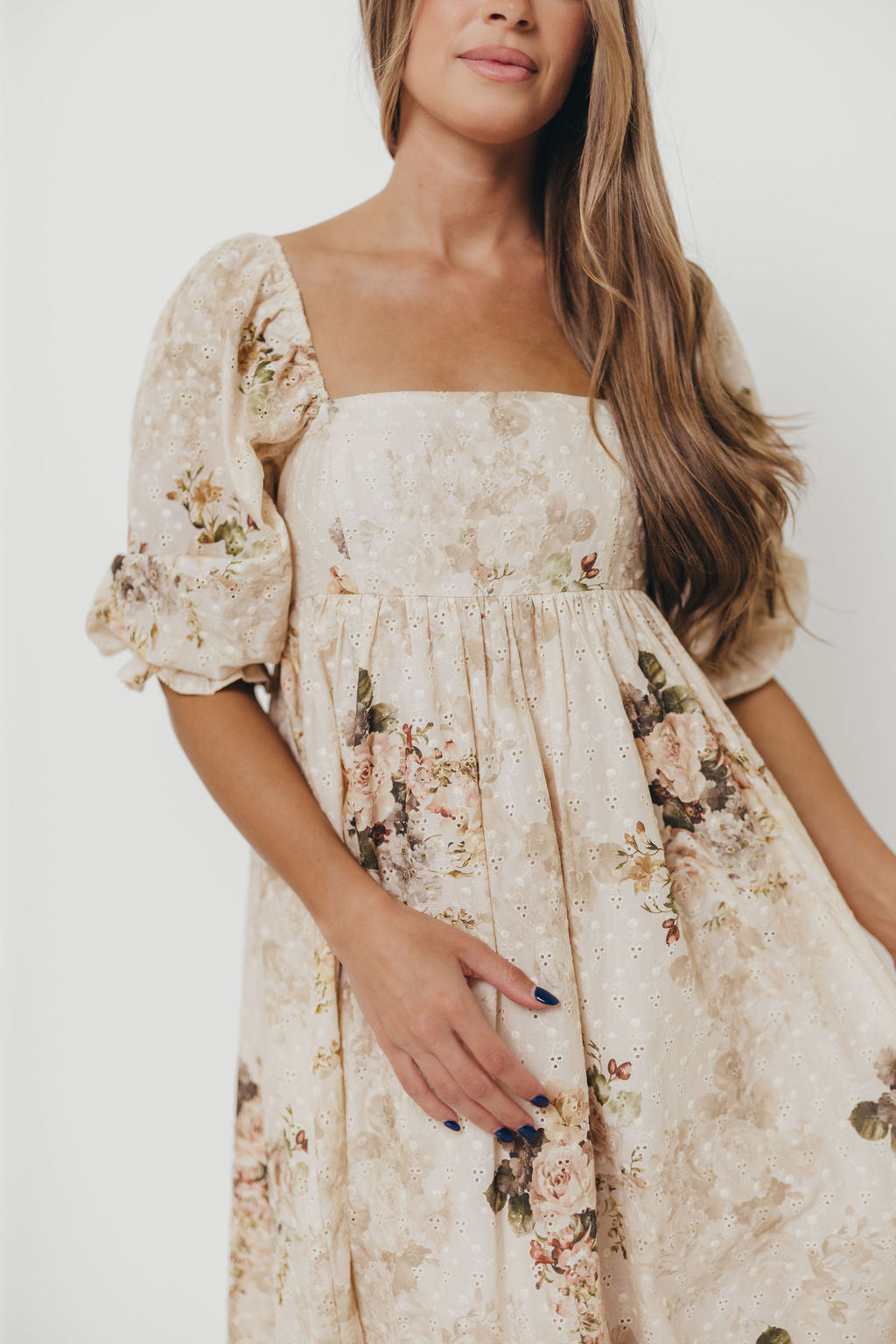 Mona Maxi Dress with Smocking in Cream/Beige Floral - Bump
