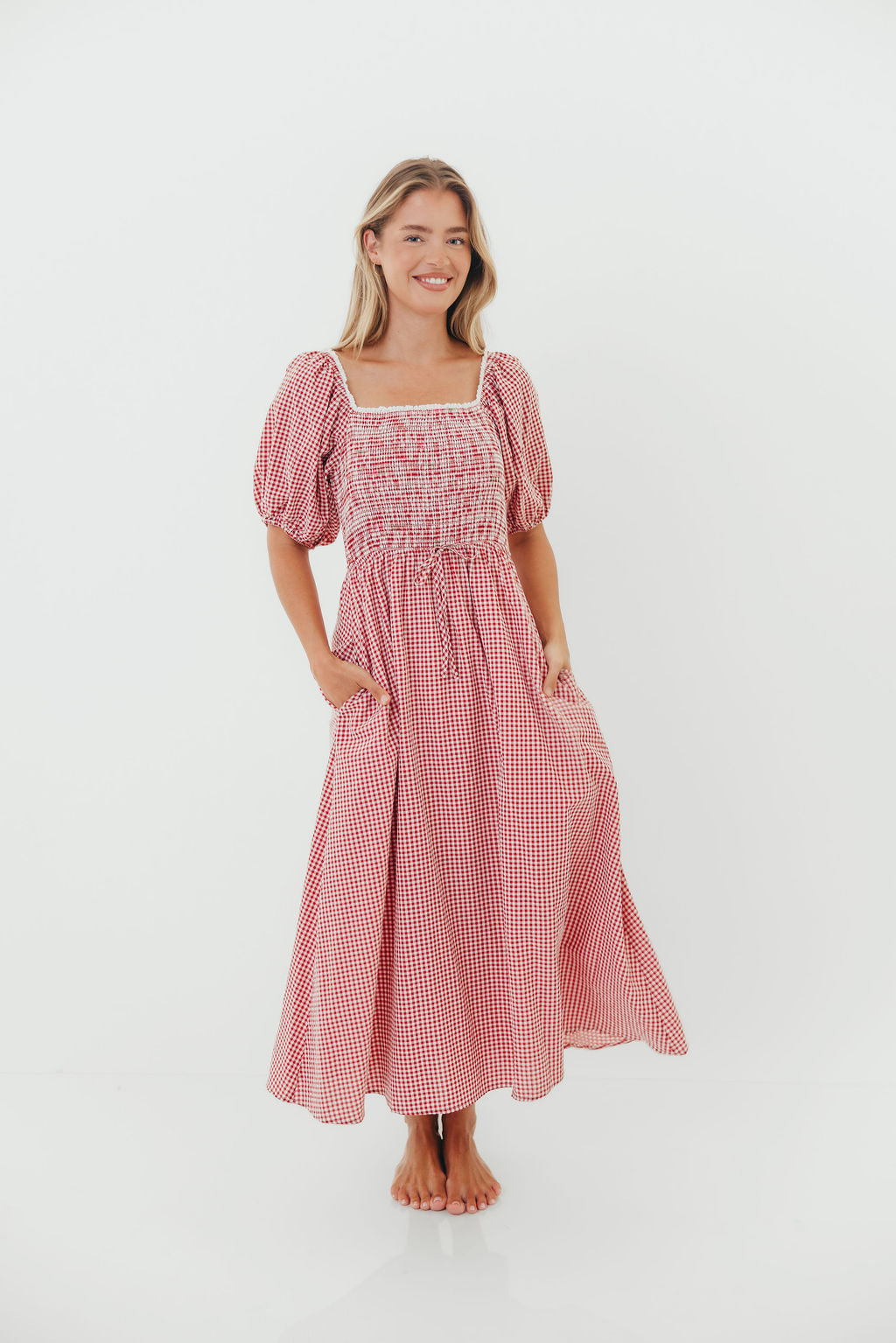 Joy Gingham Midi Dress in Red/White Worth Collective Joy Gingham Midi Dress in Red/White Worth Collective