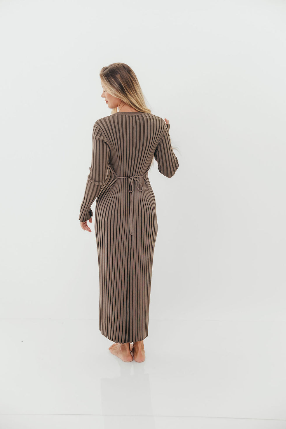 Colette Premium Long Sleeved Ribbed Knit Maxi Dress in Dark Natural - Bump Friendly *Final Sale*