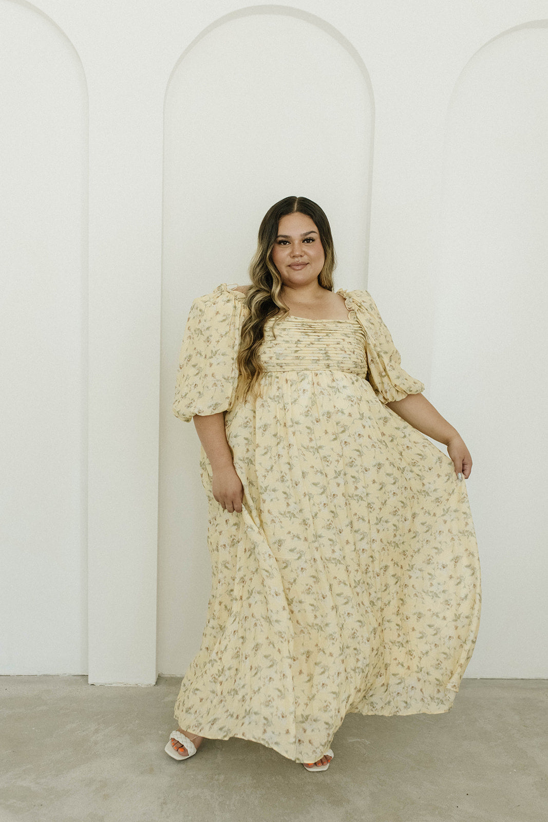 Worth Collective Melody Maxi Dress with Pleats and Bow Detail in Yellow Floral Bump Friendly Inclusive Sizing s 3xl 3XL