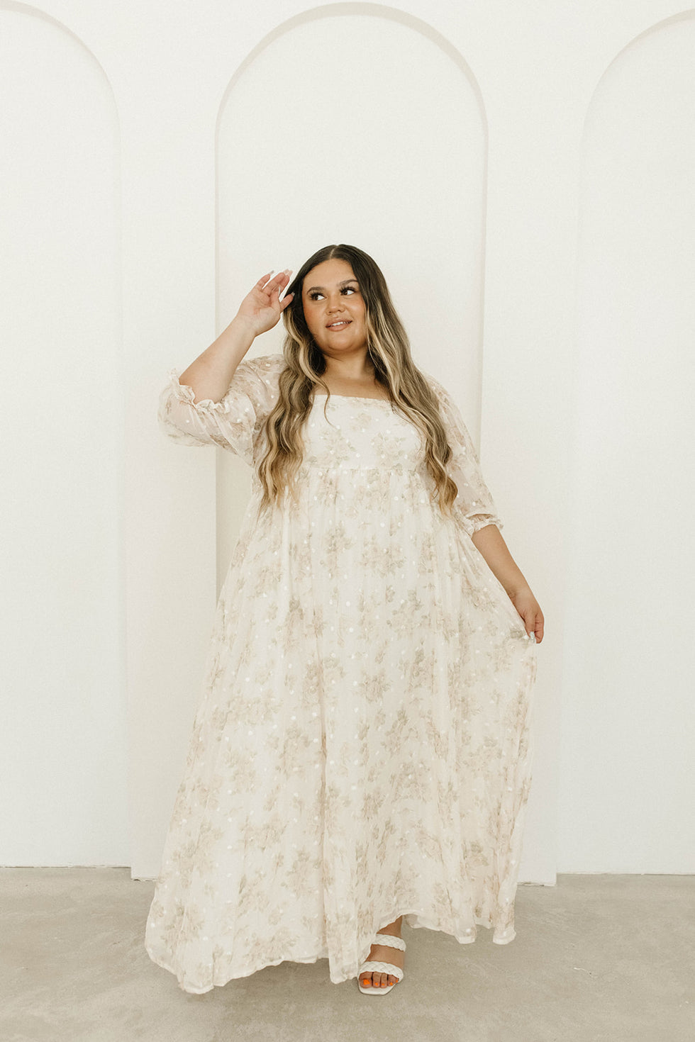 Mona Maxi Dress with Smocking in Cream/Beige Floral - Bump Friendly