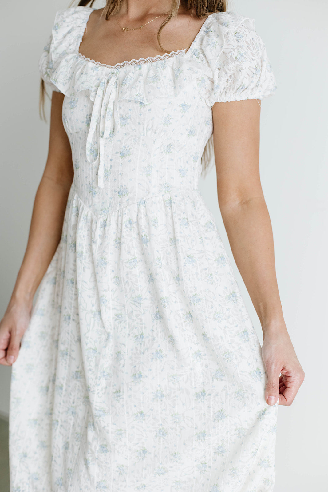 Maggie Sweet Lace Edged Prairie Dress in Blue Floral Large