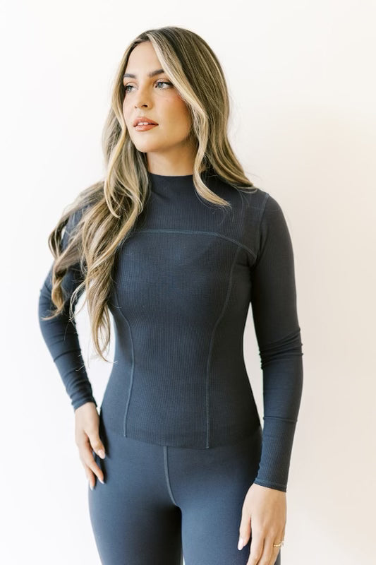 Worth the Label Long Sleeve Ribbed Seam Top in Charcoal