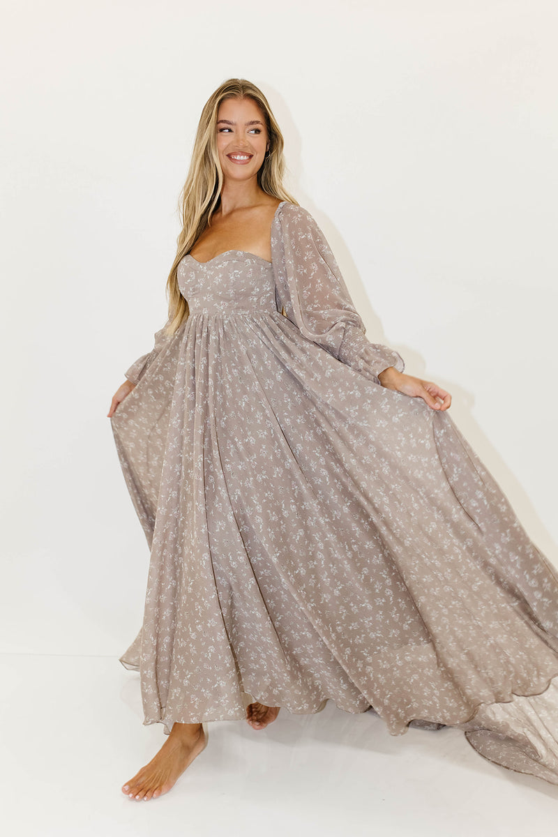 Delilah Maxi Dress with Train in Taupe - Bump Friendly - Sold Out Size