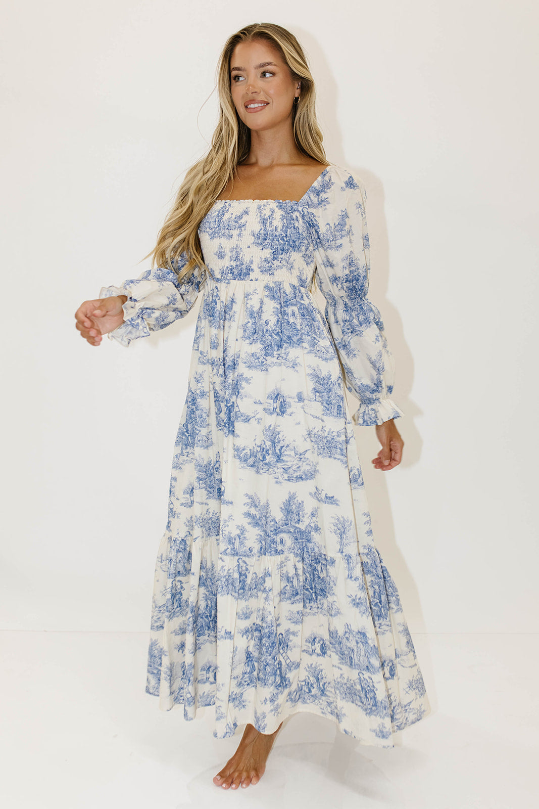 Emerson 100% Cotton Smocked Maxi Dress with Long Sleeves in Scenic