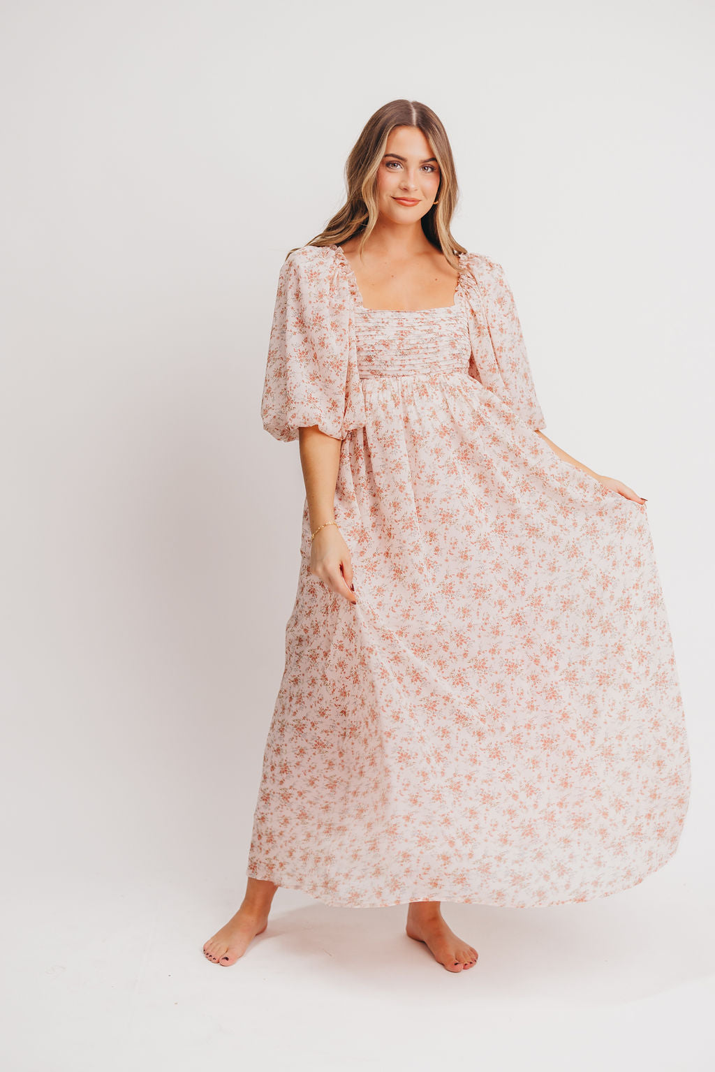 Melody Maxi Dress with Pleats and Bow Detail in Winter Blush - Bump Friendly & Inclusive Sizing (S-3XL)
