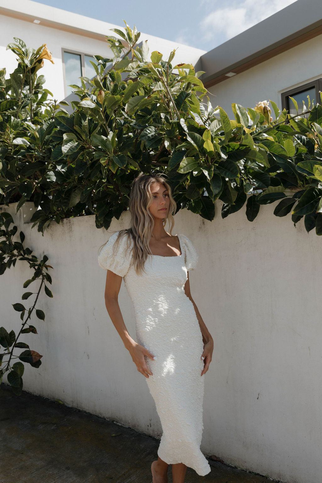 Blakeley Textured Midi Dress in Ivory - Bump Friendly & Inclusive