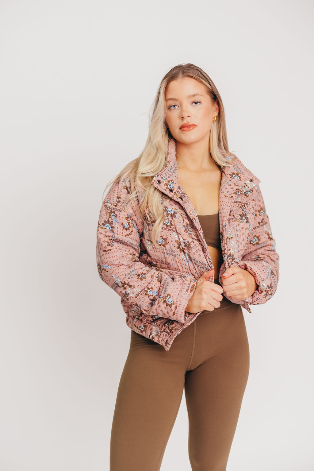 Cullen Plush Snap Button Puffer Jacket in Dusty Mauve Floral