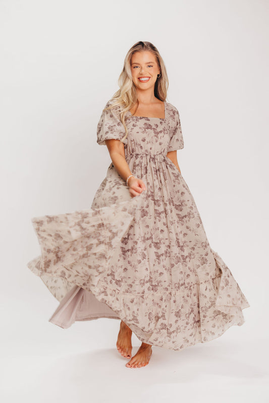 Bridgette Square Neck Pleated Maxi Dress in Taupe Floral -Bump Friendly- Inclusive Sizing (S-3XL)