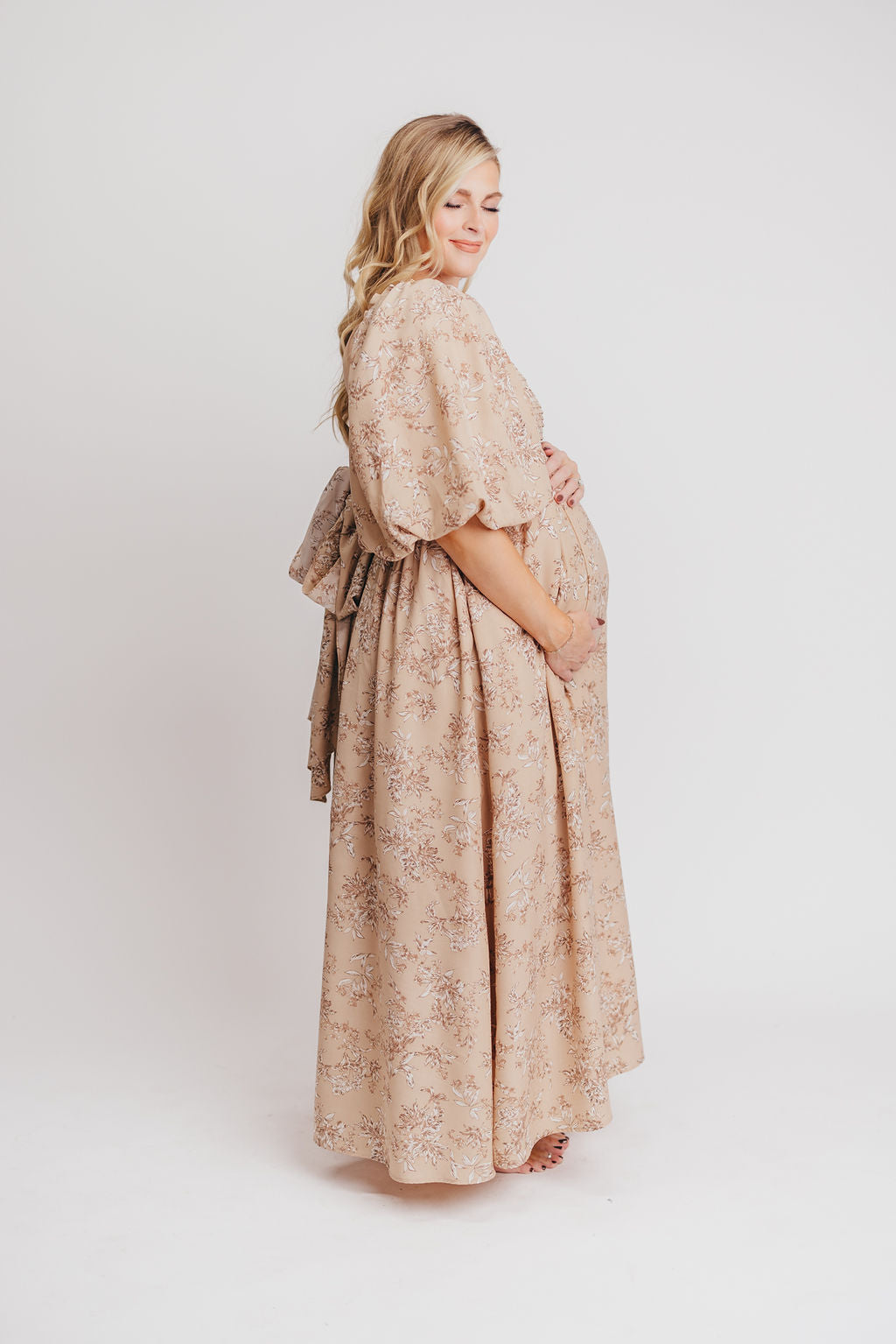 Melody Maxi Dress with Pleats and Bow Detail in Tan Floral - Bump Friendly & Inclusive Sizing (S-3XL)