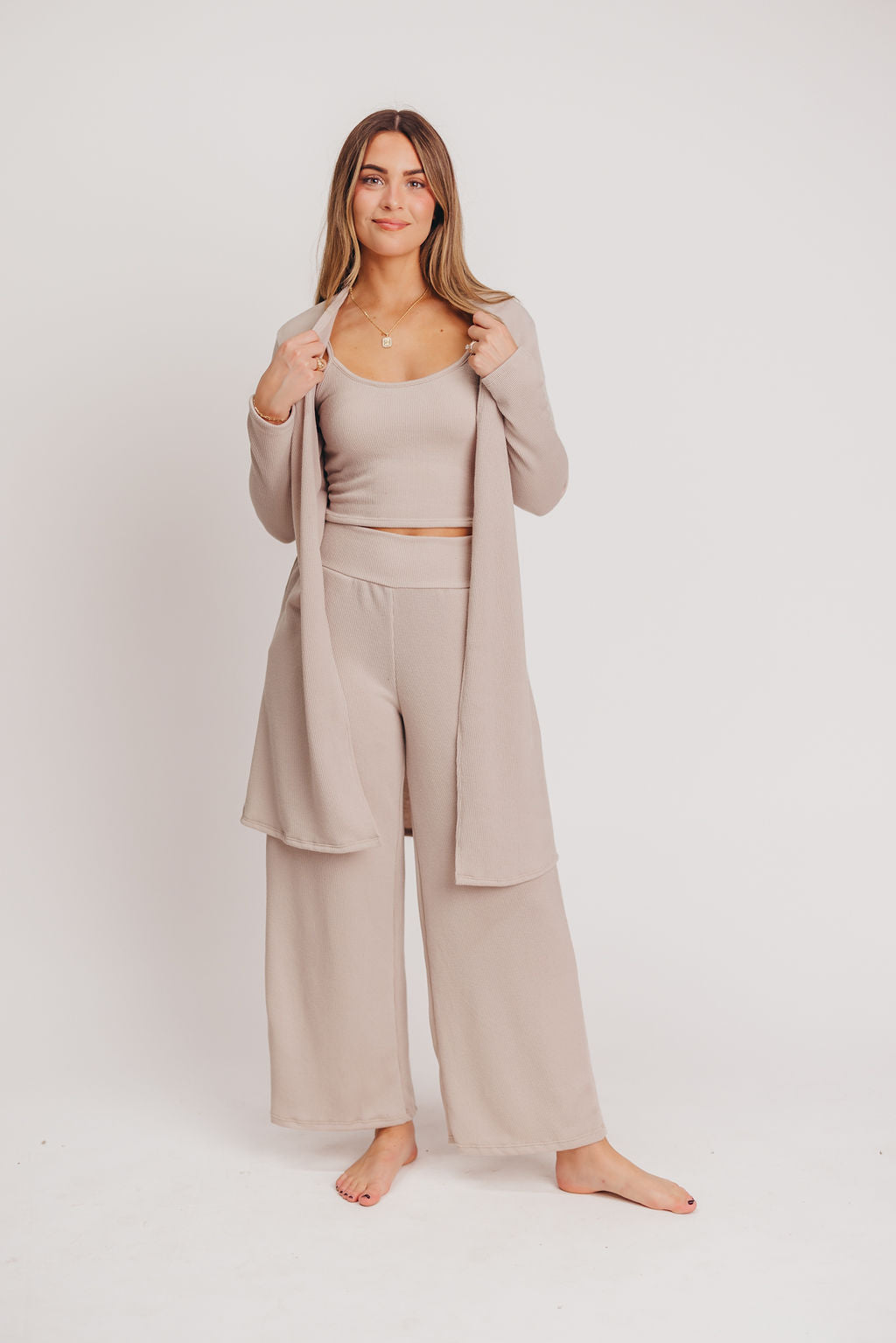 Birdie Ribbed Tank and Wide Leg Pant Set in Khaki - Inclusive Sizing (S-2X)
