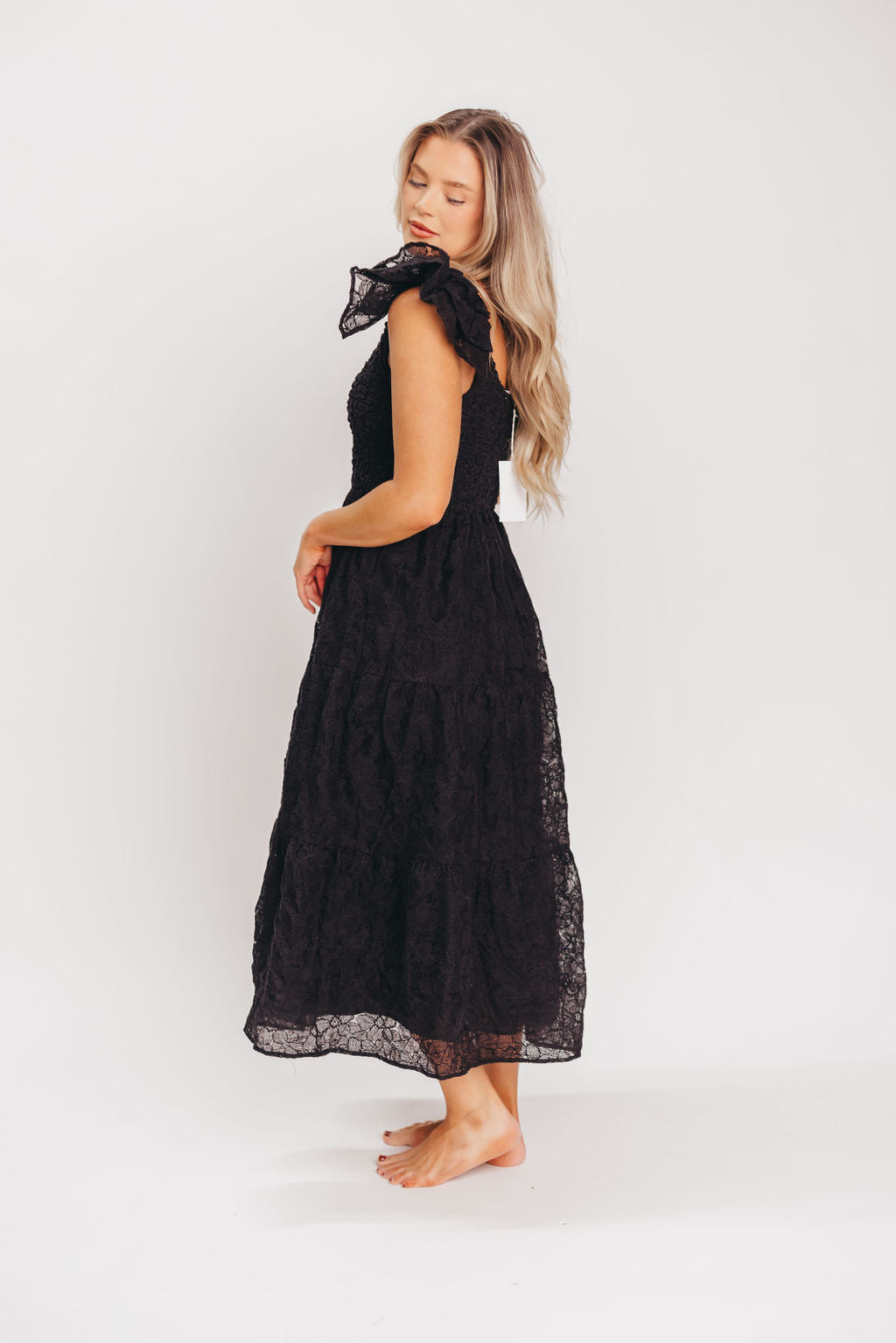 Eira Flutter Sleeve Embroidered Midi Dress in Black Floral