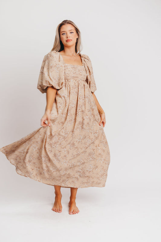 Melody Maxi Dress with Pleats and Bow Detail in Tan Floral - Bump Friendly & Inclusive Sizing (S-3XL) (Sale Dress of the Week $40 off!)