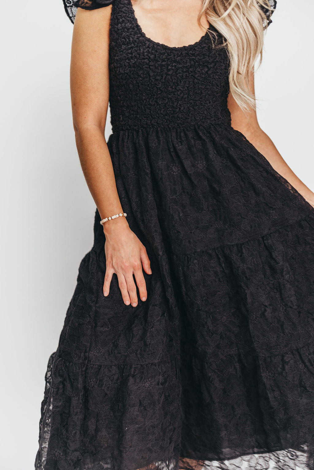 Eira Flutter Sleeve Embroidered Midi Dress in Black Floral