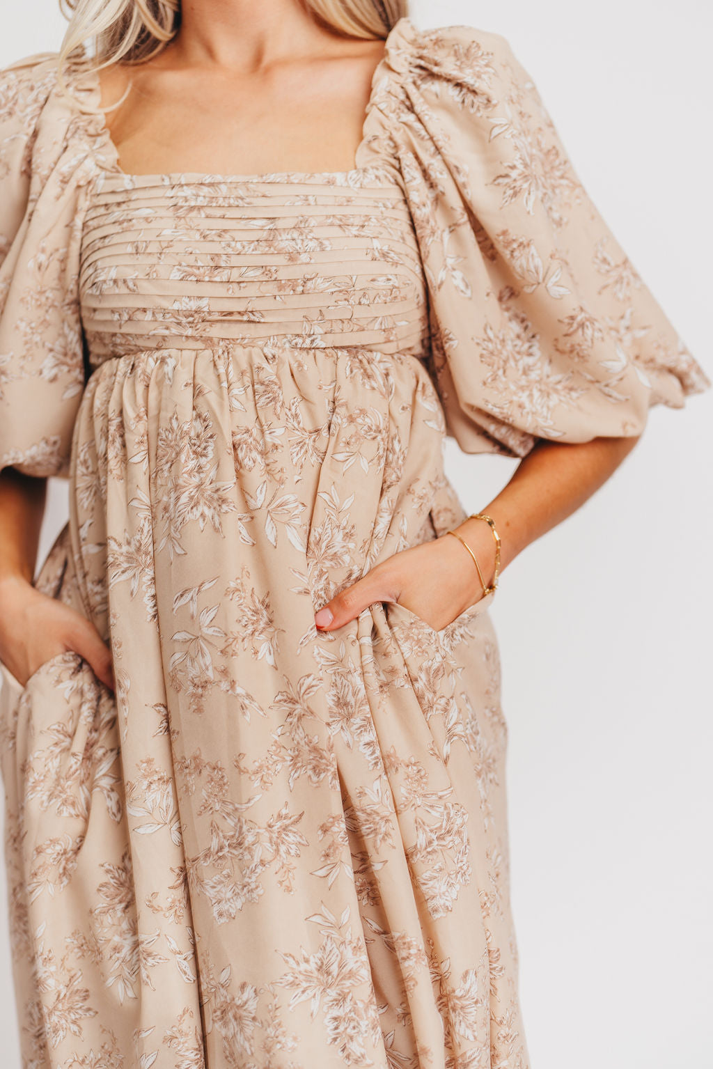 Melody Maxi Dress with Pleats and Bow Detail in Tan Floral - Bump Friendly & Inclusive Sizing (S-3XL)