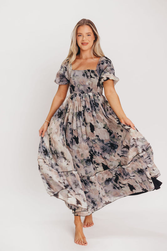 Pansy Square Neck Maxi Dress in Black Watercolor Floral - Inclusive Sizing (S-3XL)