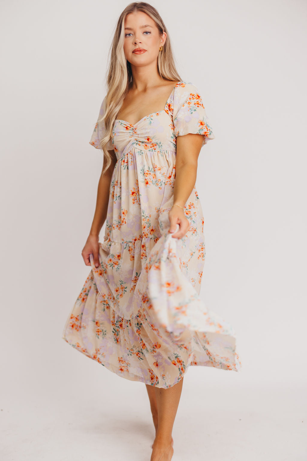 Tina Empire Waist Midi Dress with Flutter Sleeves in Cream Floral