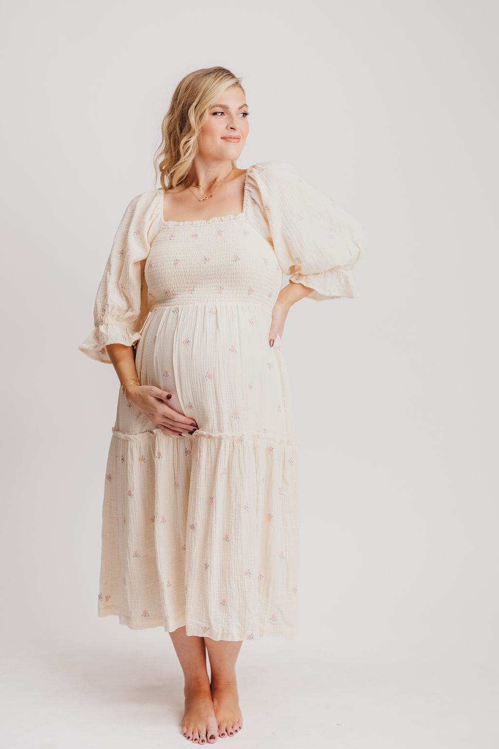 Beige big flower maternity wear maxi dress 