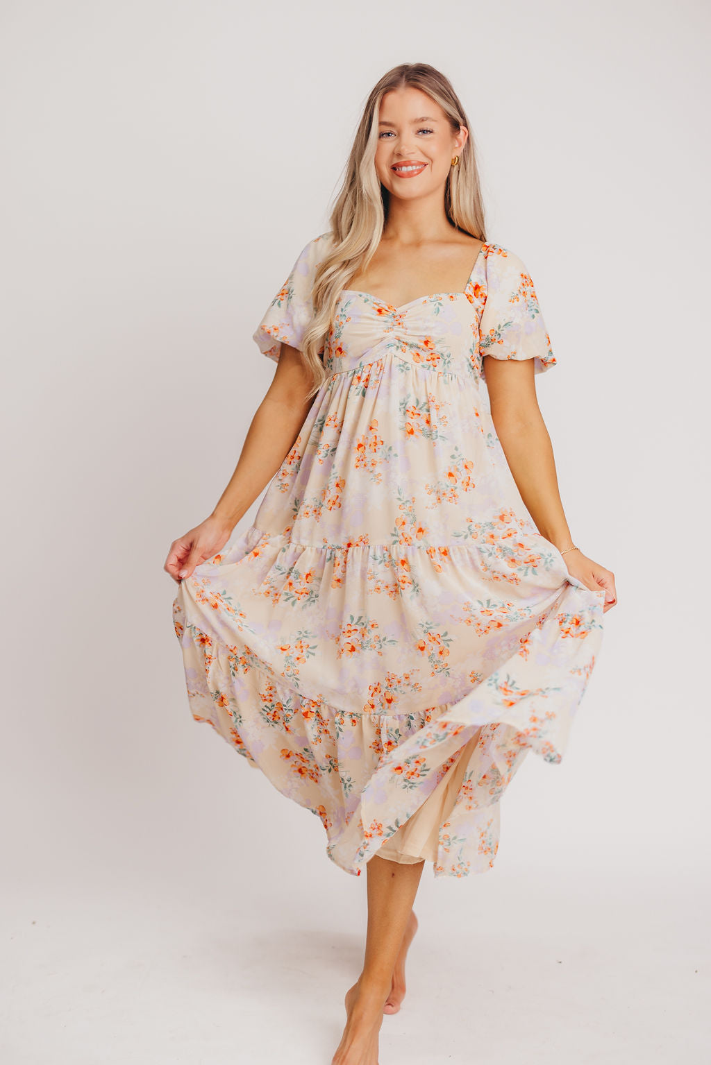 Tina Empire Waist Midi Dress with Flutter Sleeves in Cream Floral