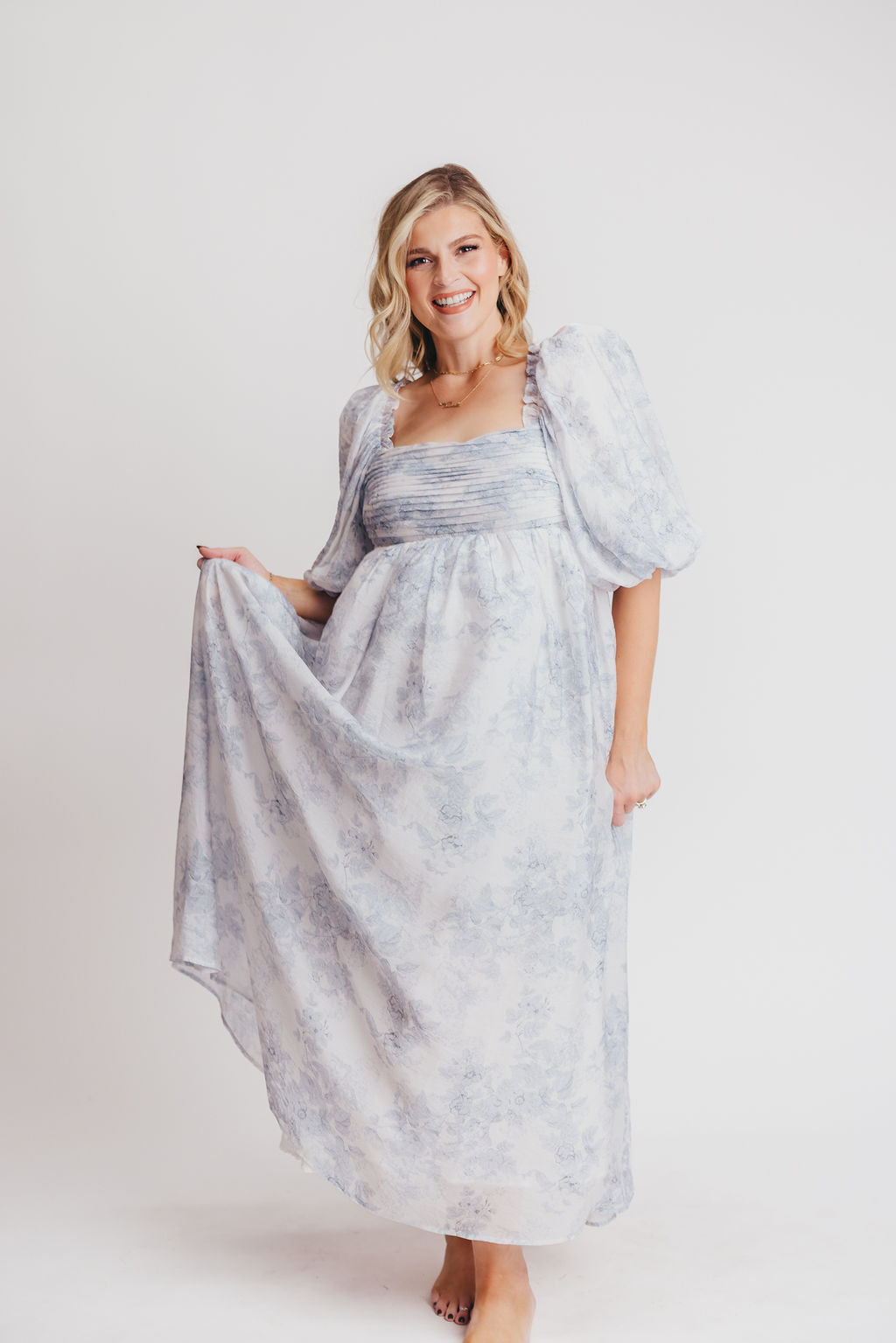 Melody Maxi Dress with Pleats and Bow Detail in Blue Floral - Bump Friendly (swipe to see photos)  & Inclusive Sizing (S-3XL)
