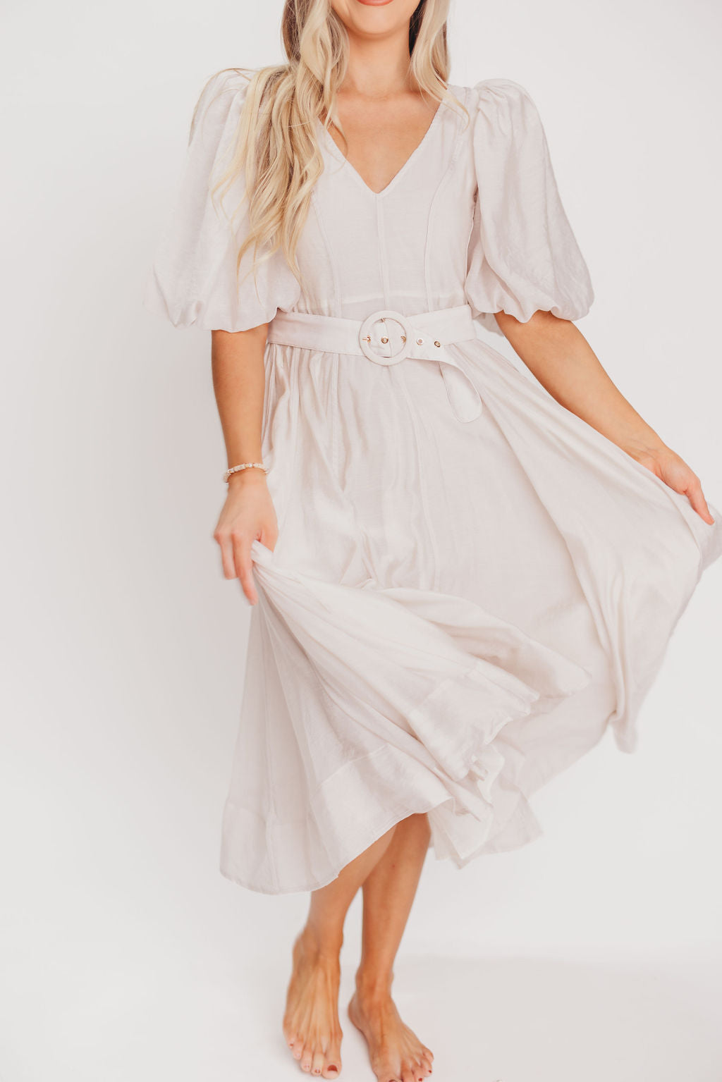 Courtney Puffed Sleeve Midi Dress with Belt in Natural