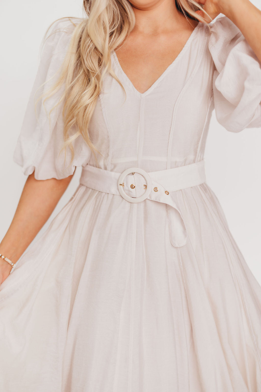 Courtney Puffed Sleeve Midi Dress with Belt in Natural