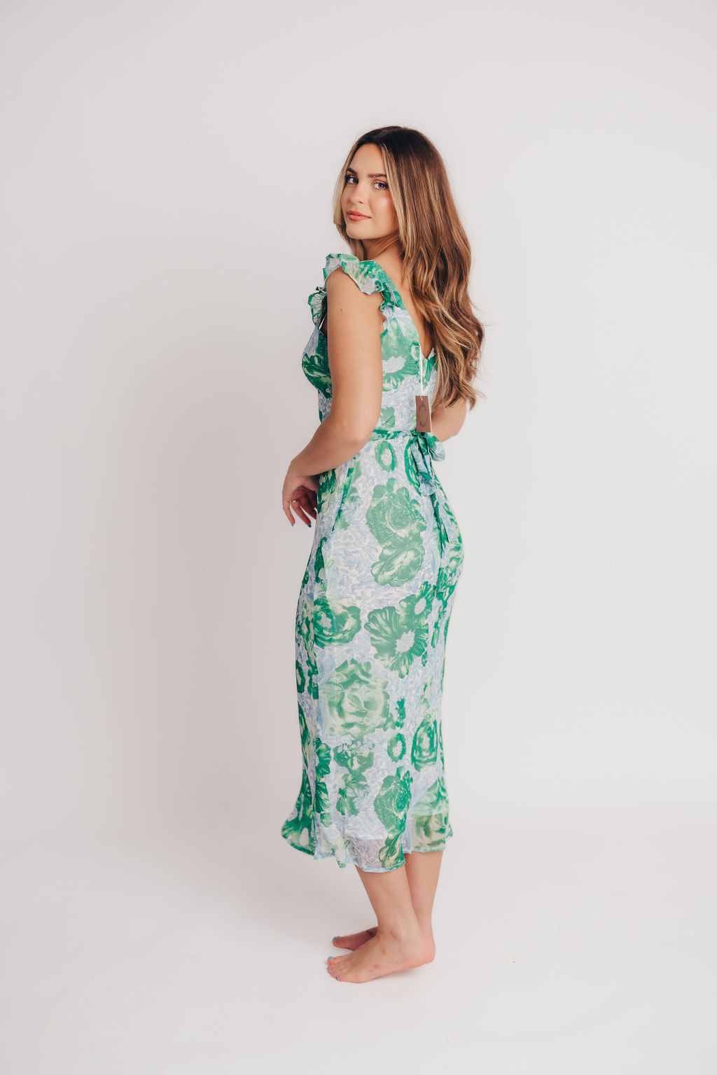 Pisa Floral Chiffon Midi Dress with Ruffle Shoulder in Green/Blue
