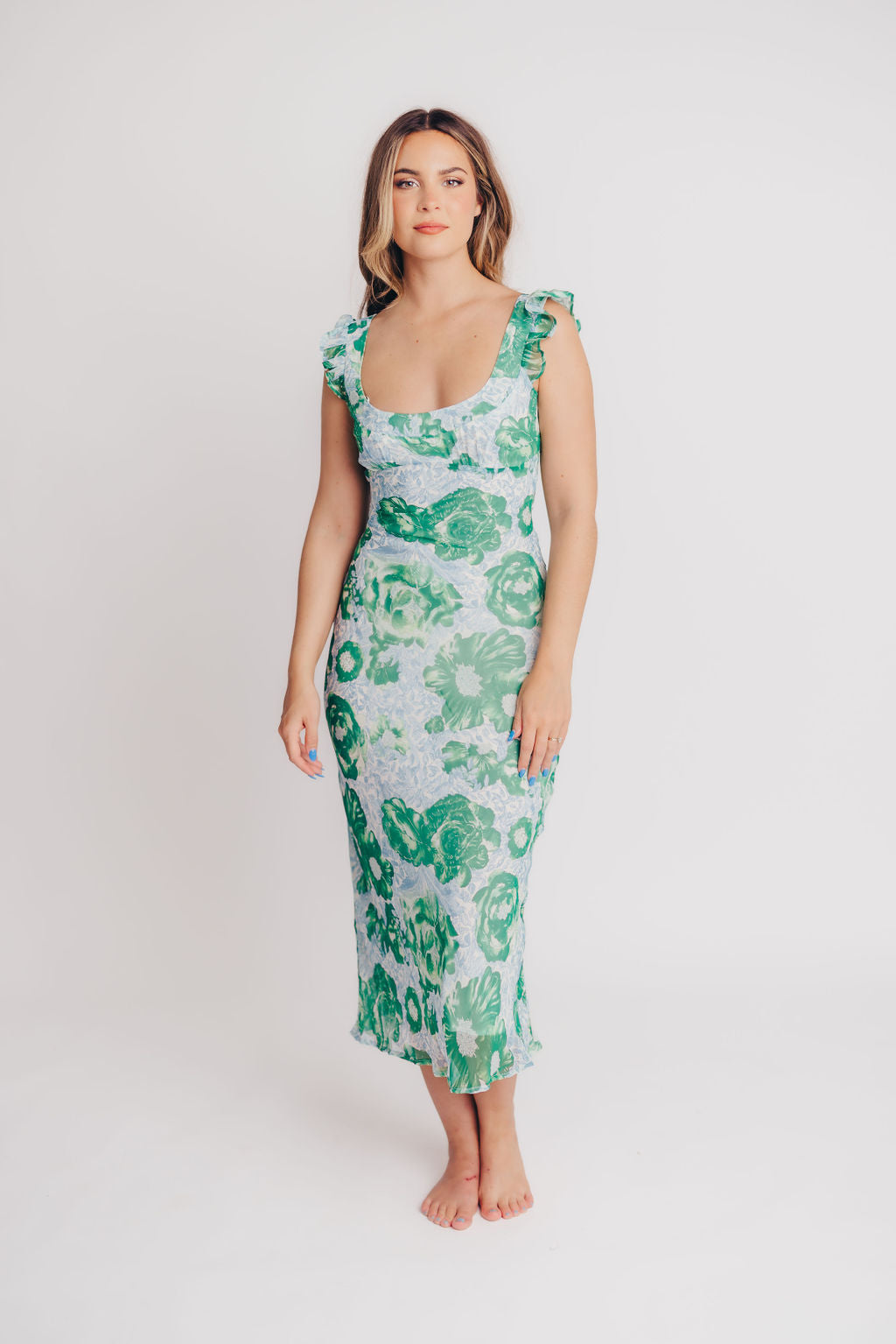 Pisa Floral Chiffon Midi Dress with Ruffle Shoulder in Green/Blue