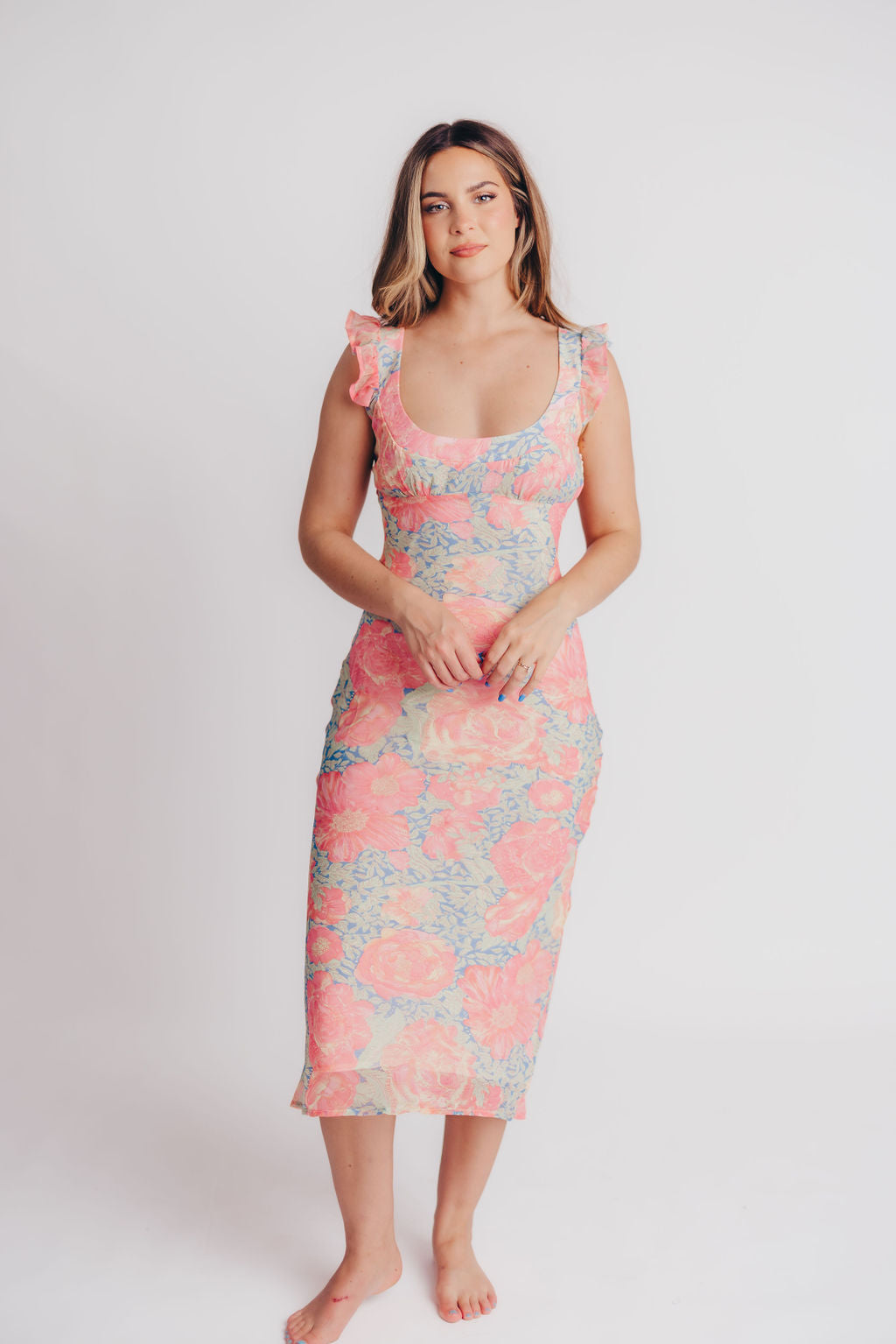 Pisa Floral Chiffon Dress with Ruffle Shoulder in Blue/Pink