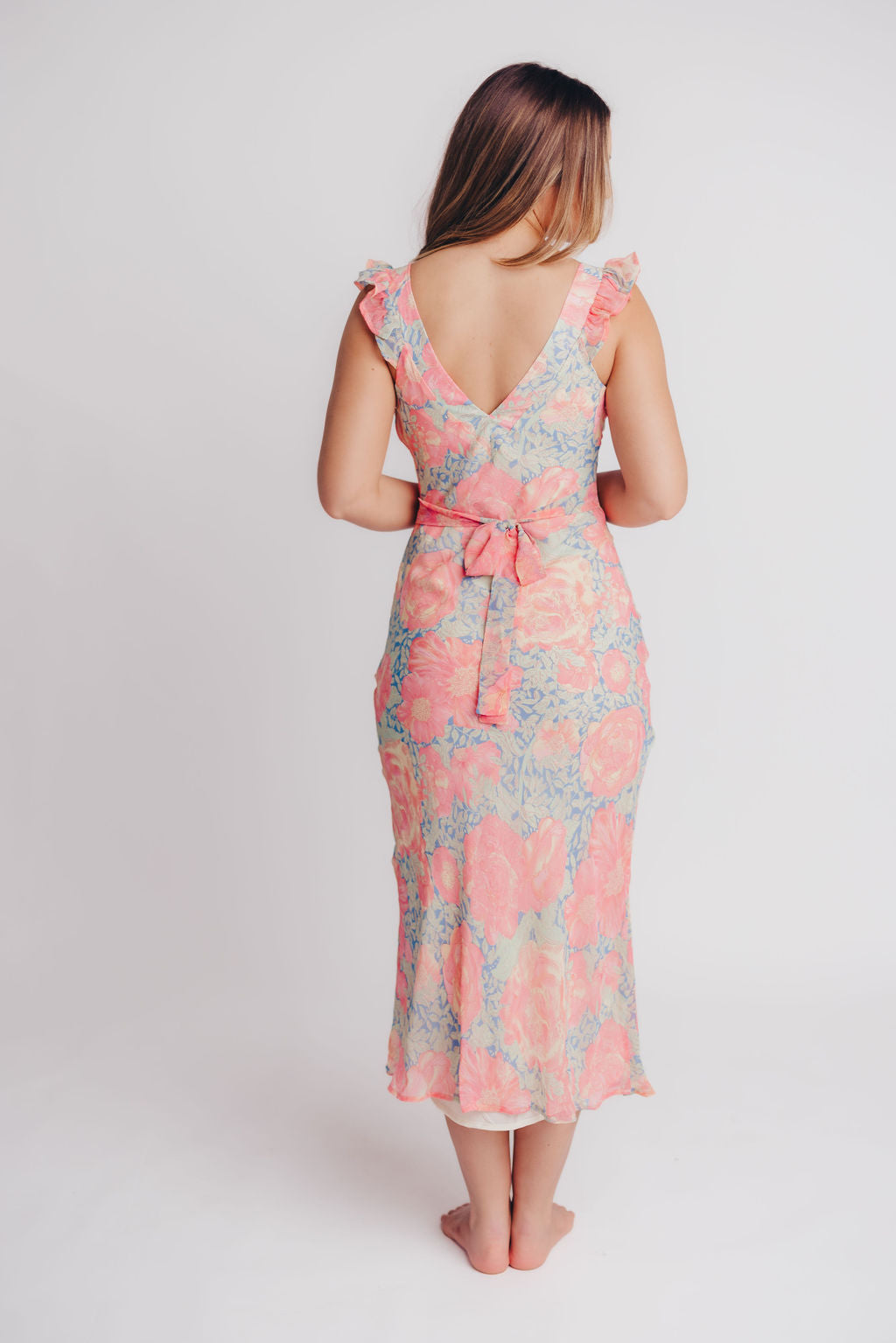 Pisa Floral Chiffon Dress with Ruffle Shoulder in Blue/Pink