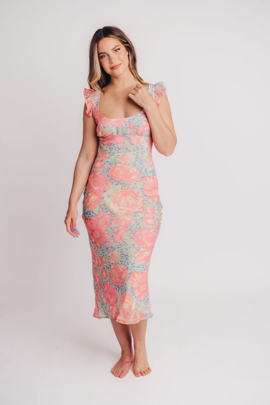 Pisa Floral Chiffon Dress with Ruffle Shoulder in Blue/Pink