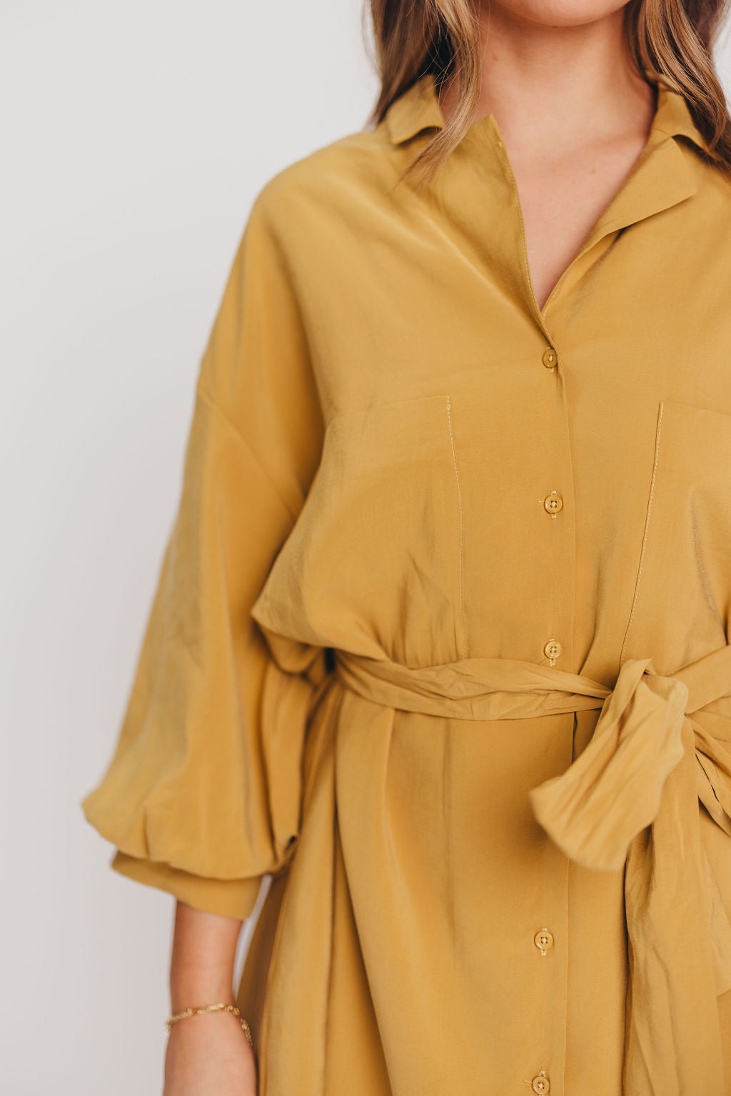 Sunna Belted Shirt Dress with Blouson Sleeves in Camel - Nursing Friendly