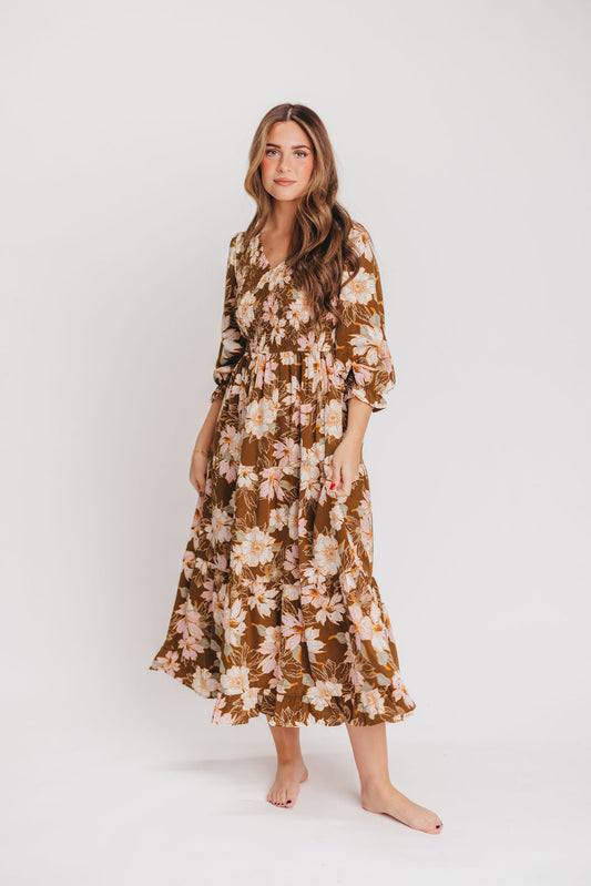 Amber Smocked Midi Dress in Brown Floral -Bump Friendly- Inclusive Sizing (S-3XL)