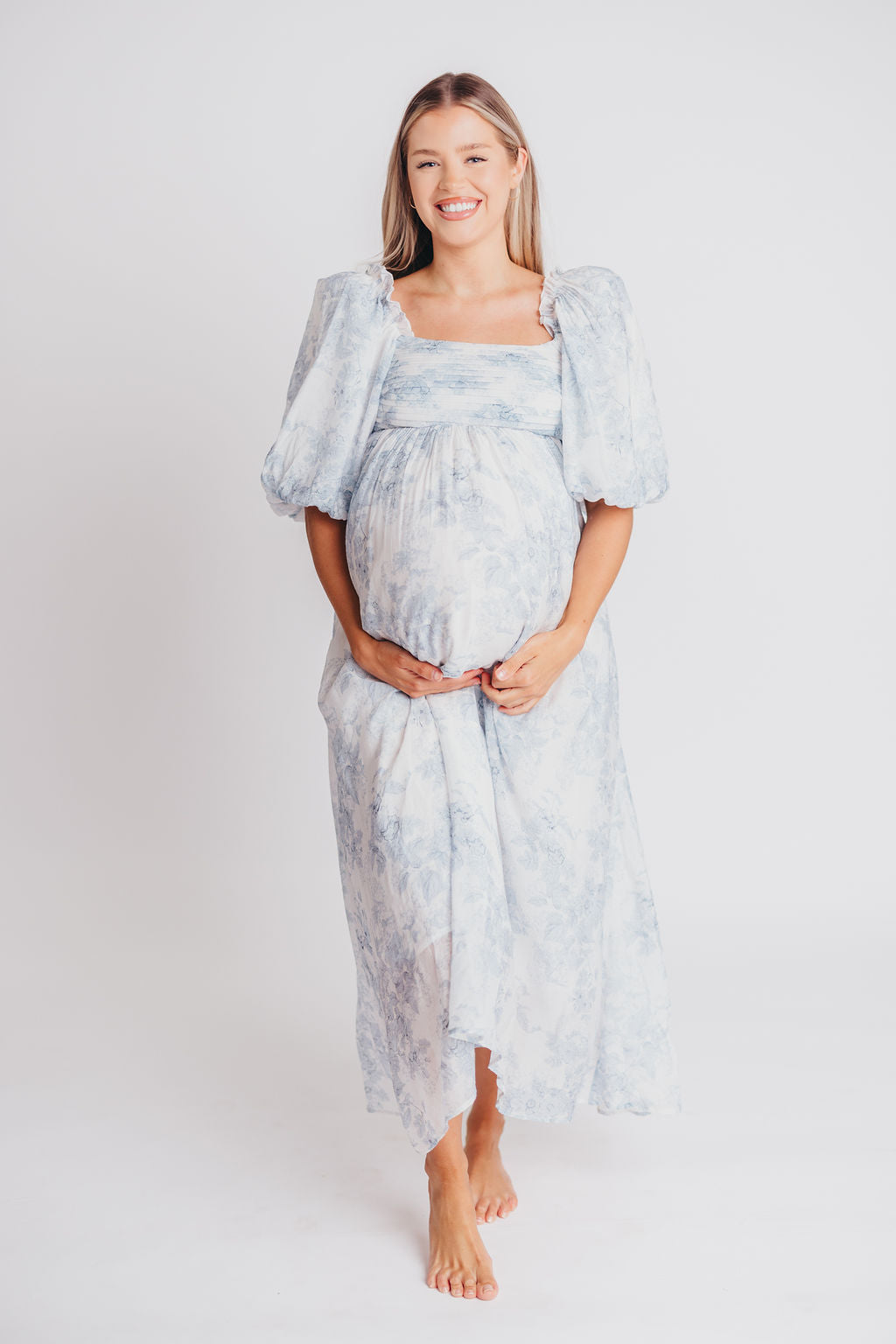 Melody Maxi Dress with Pleats and Bow Detail in Blue Floral - Bump Friendly (swipe to see photos)  & Inclusive Sizing (S-3XL)
