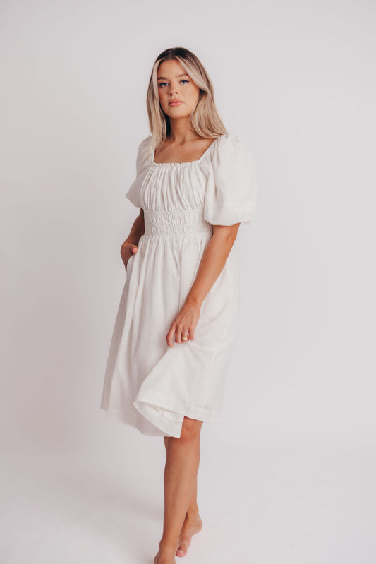 Amalfi Puff Sleeve Open Back Midi Dress in White - Bump Friendly