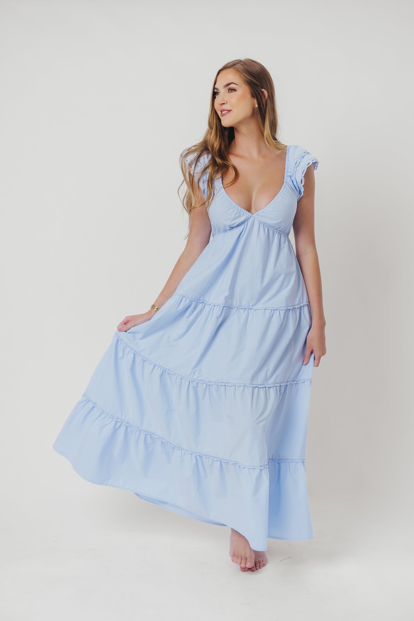 Bliss Tiered Maxi Dress with Ruffled Sleeves in Light Blue