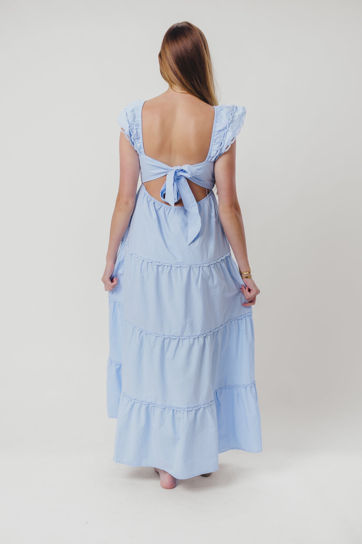 Bliss Tiered Maxi Dress with Ruffled Sleeves in Light Blue