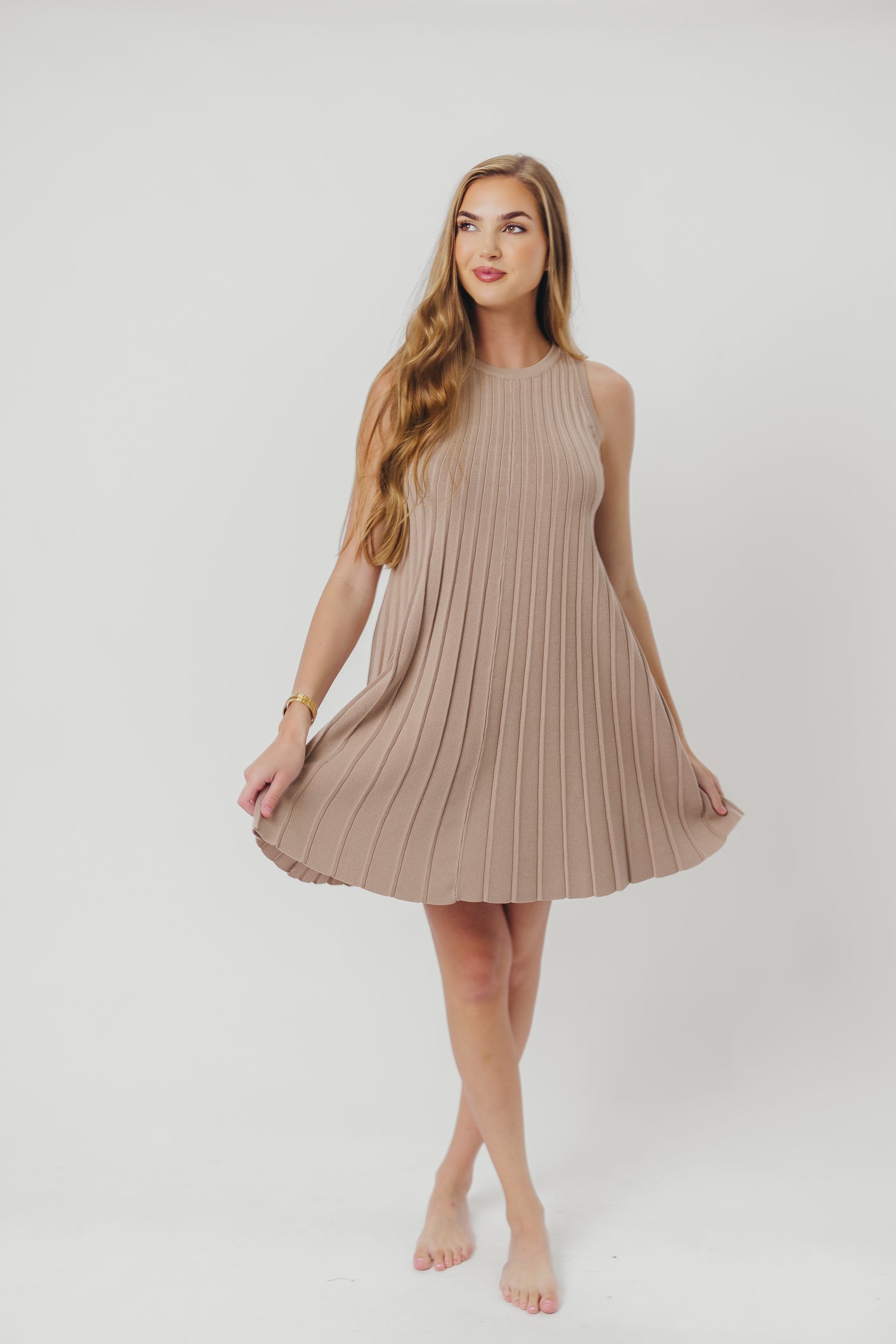 Stephanie Ribbed Knit Mini Dress with Pleats in Taupe