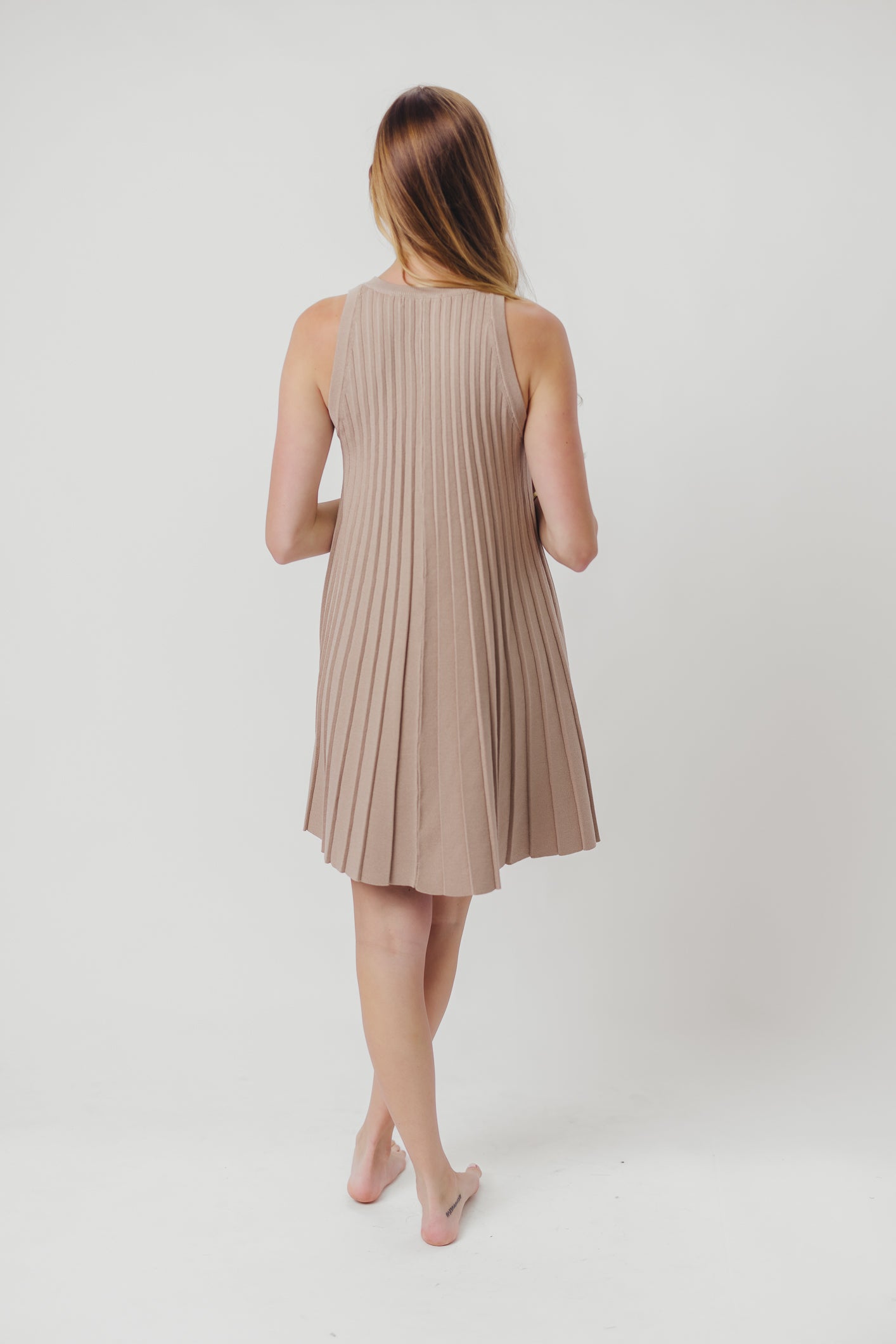 Stephanie Ribbed Knit Mini Dress with Pleats in Taupe